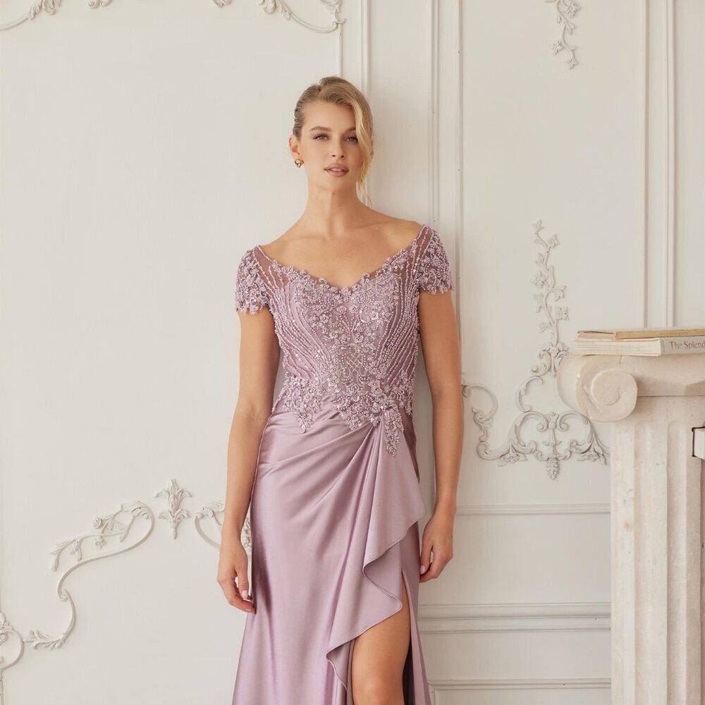 New Dusty Pink Mother Of Bride Beads Embellished Gown w/ Waist Drape NX MD155